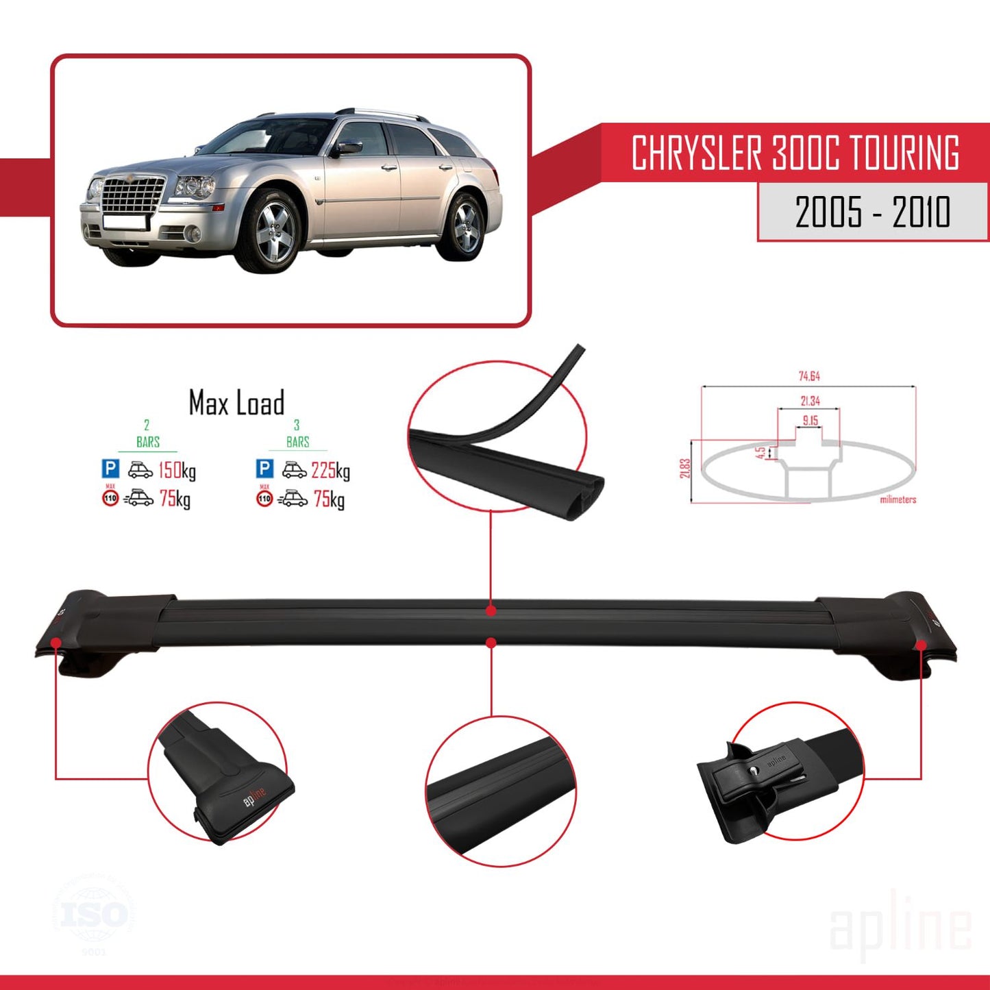 Compatible avec Chrysler 300C Touring 2005-2010 FLY Model Barres de Toit Railing Porte-Bagages de Voiture Noir Aluminium 2 Barres