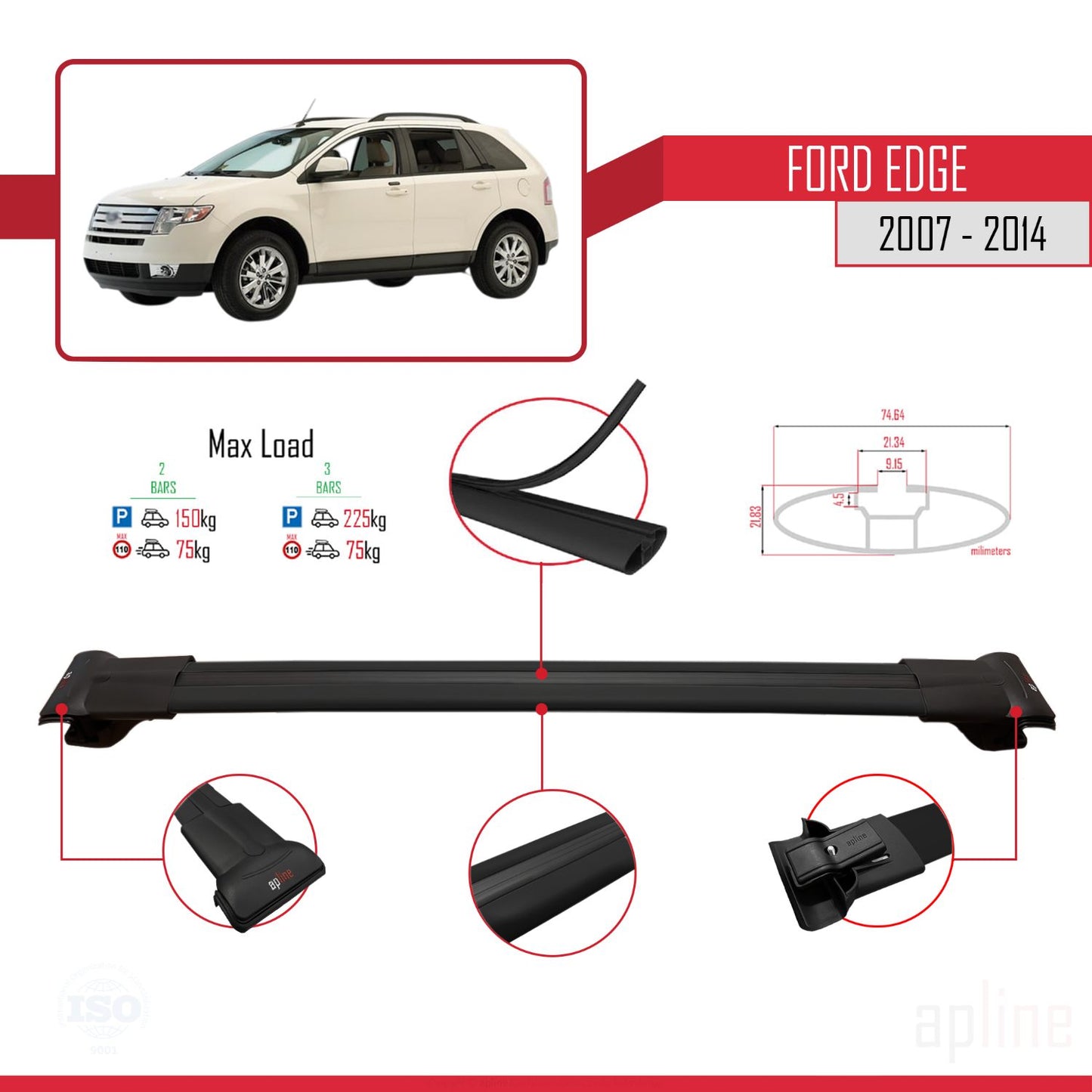 Compatible avec Ford Edge 2007-2014 FLY Model Barres de Toit Railing Porte-Bagages de Voiture Noir Aluminium 2 Barres