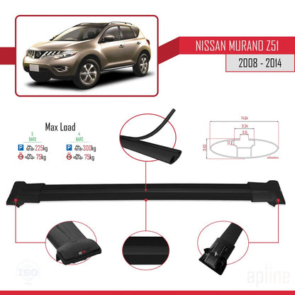 Compatible with Nissan Murano 2 (Z51) 2008-2014 FLY Model Car Roof Rack Cross Bar Black Aluminium 3 Bars