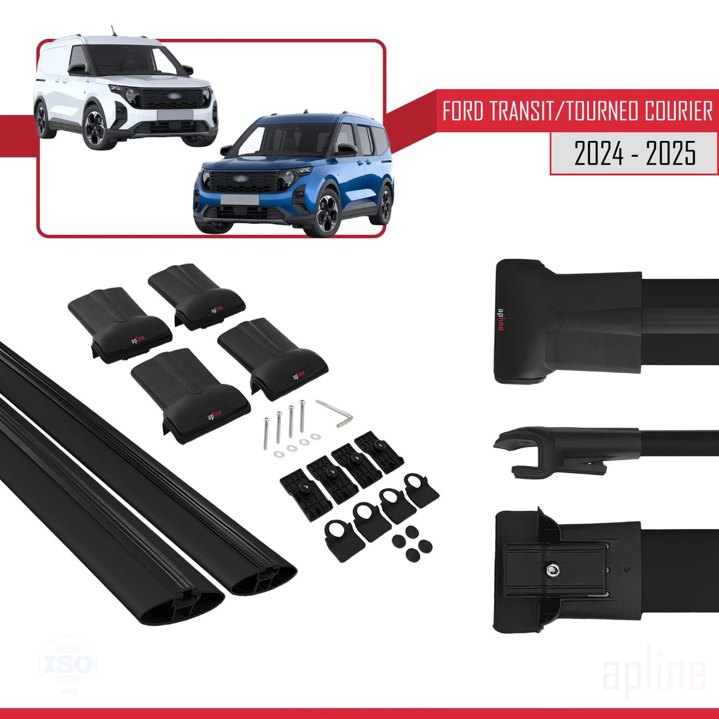 Compatible avec Ford Transit/Tourneo Courier 2024-2025 FLY Model Barres de Toit Railing Porte-Bagages de Voiture Noir Aluminium 2 Barres