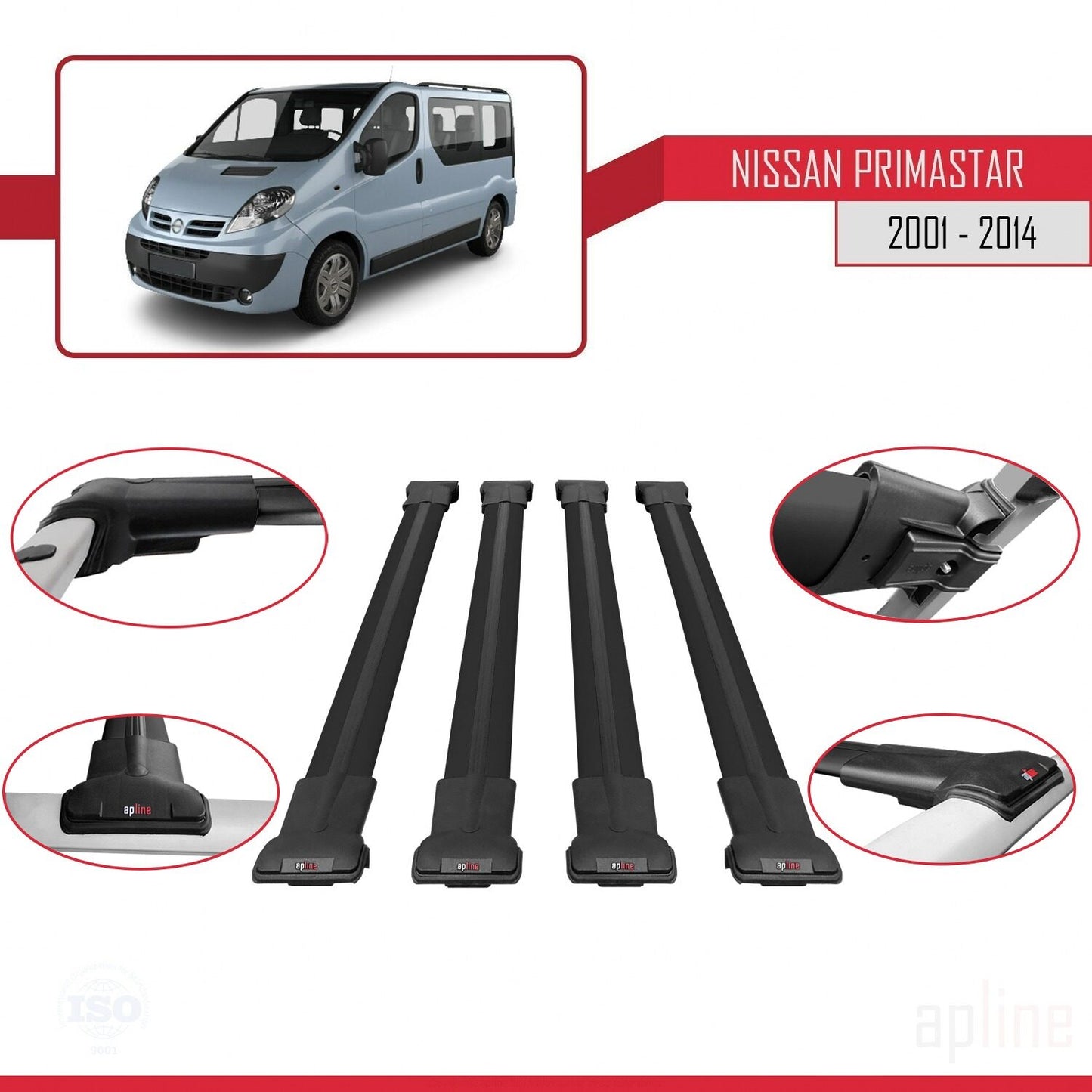 Compatible avec Nissan Primastar 2001-2014 FLY Model Barres de Toit Railing Porte-Bagages de Voiture Noir Aluminium 4 Barres