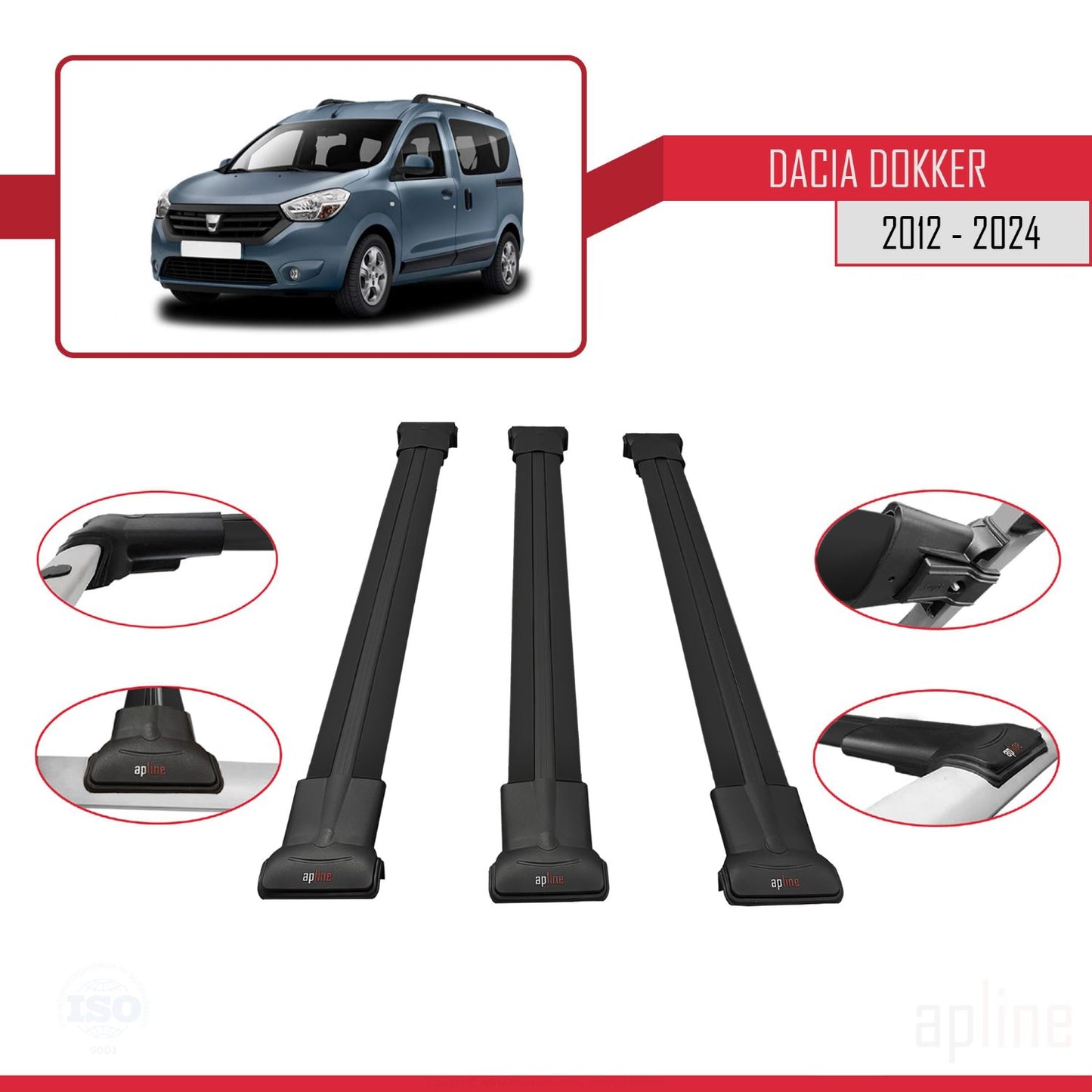 Compatible avec Dacia Dokker (K67) 2012-2024 FLY Model Barres de Toit Railing Porte-Bagages de Voiture Noir Aluminium 3 Barres