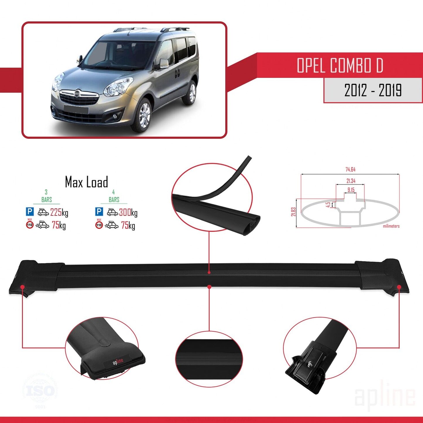 Compatible avec Opel Combo D 2012-2018 FLY Model Barres de Toit Railing Porte-Bagages de Voiture Noir Aluminium 3 Barres