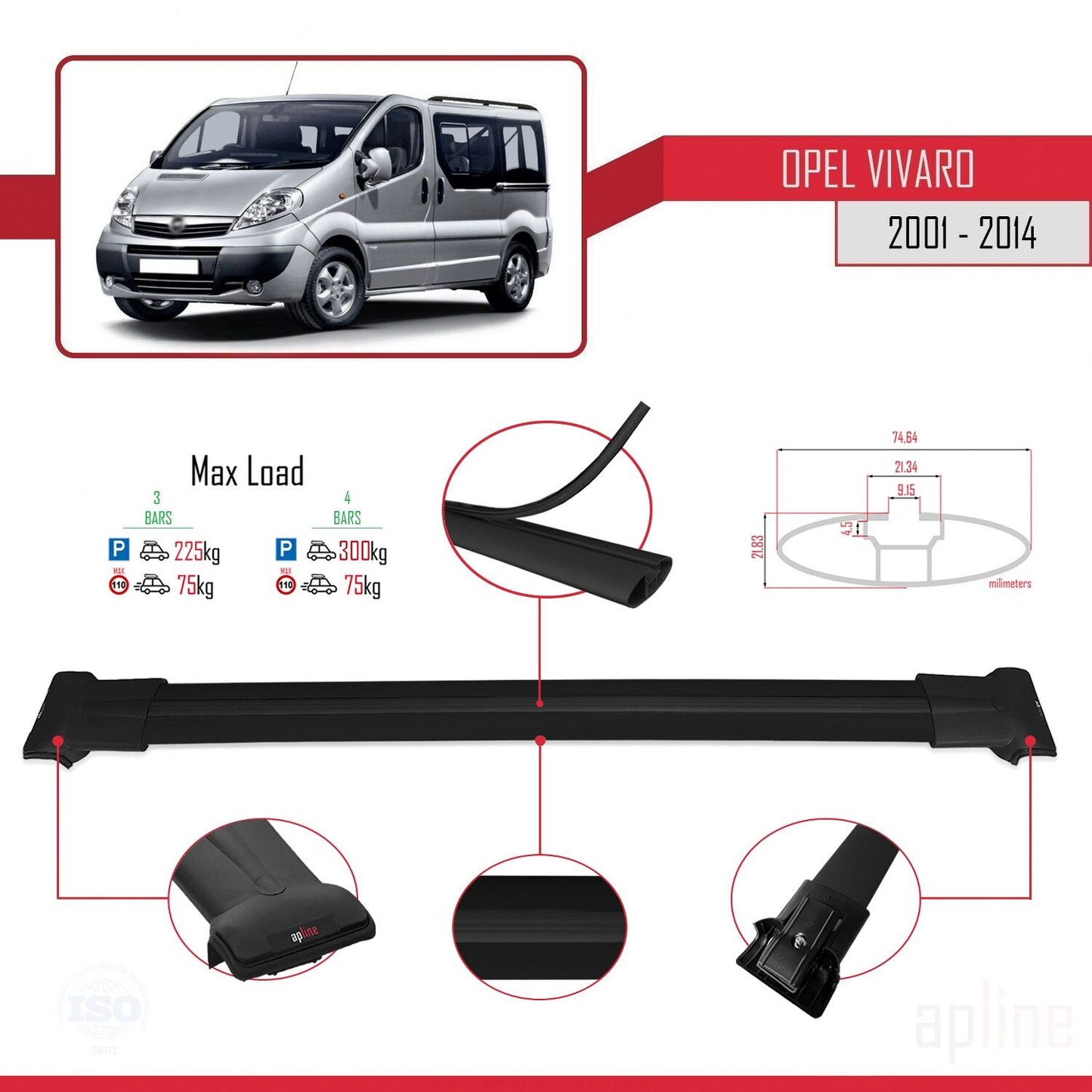 Compatible avec Opel Vivaro A 2001-2014 FLY Model Barres de Toit Railing Porte-Bagages de Voiture Noir Aluminium 4 Barres