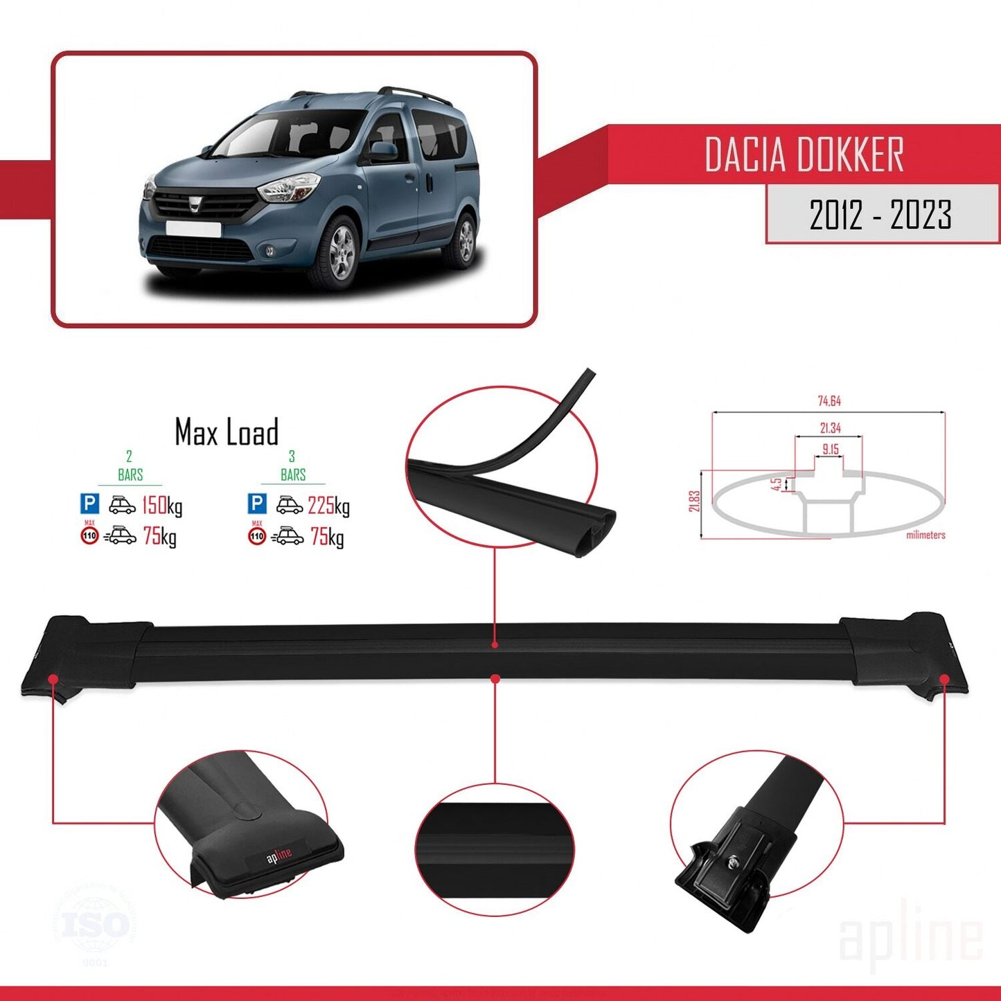 Compatible avec Dacia Dokker 2012-2023 Barres de Toit FLY Modèle Railing Porte-Bagages de voiture NOIR