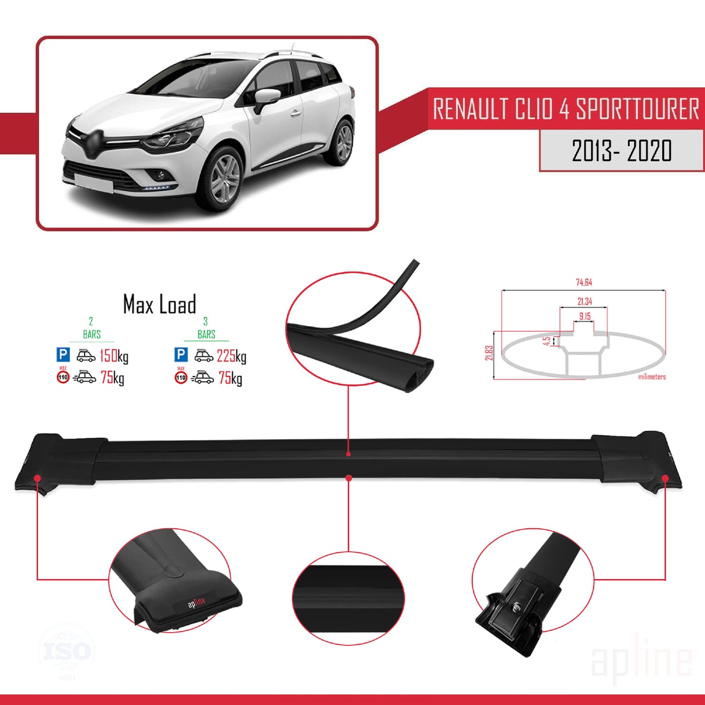 Compatible with Renault Clio 4 ST 2013-2020 FLY Model Car Roof Rack Cross Bar Black Aluminium 2 Bars