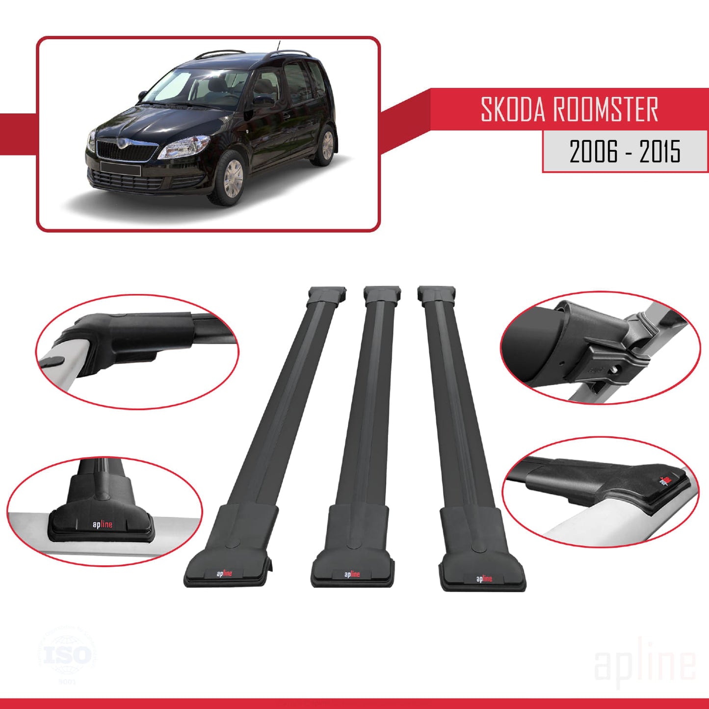 Compatible avec Skoda Roomster 2006-2015 FLY Model Barres de Toit Railing Porte-Bagages de Voiture Noir Aluminium 3 Barres