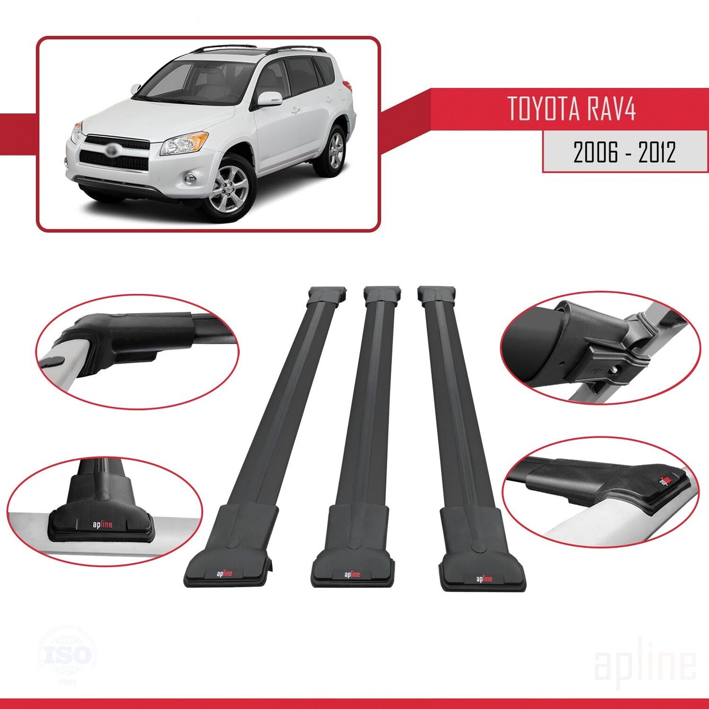 Compatible avec Toyota RAV4 III (XA30) 2006-2012 FLY Model Barres de Toit Railing Porte-Bagages de Voiture Noir Aluminium 3 Barres