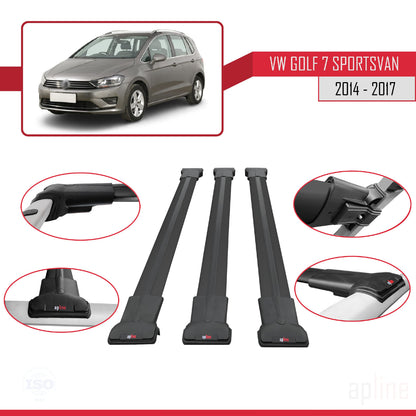 Compatible avec Volkswagen Golf Sportvan 2014-2017 FLY Model Barres de Toit Railing Porte-Bagages de Voiture Noir Aluminium 3 Barres