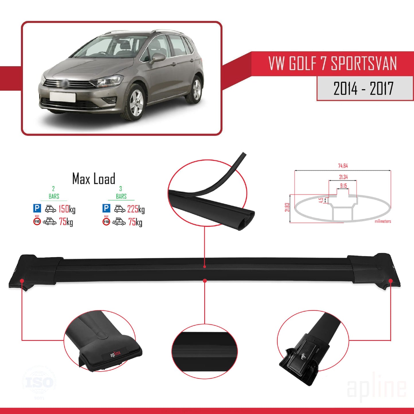 Compatible avec Volkswagen Golf Sportvan 2014-2017 FLY Model Barres de Toit Railing Porte-Bagages de Voiture Noir Aluminium 2 Barres