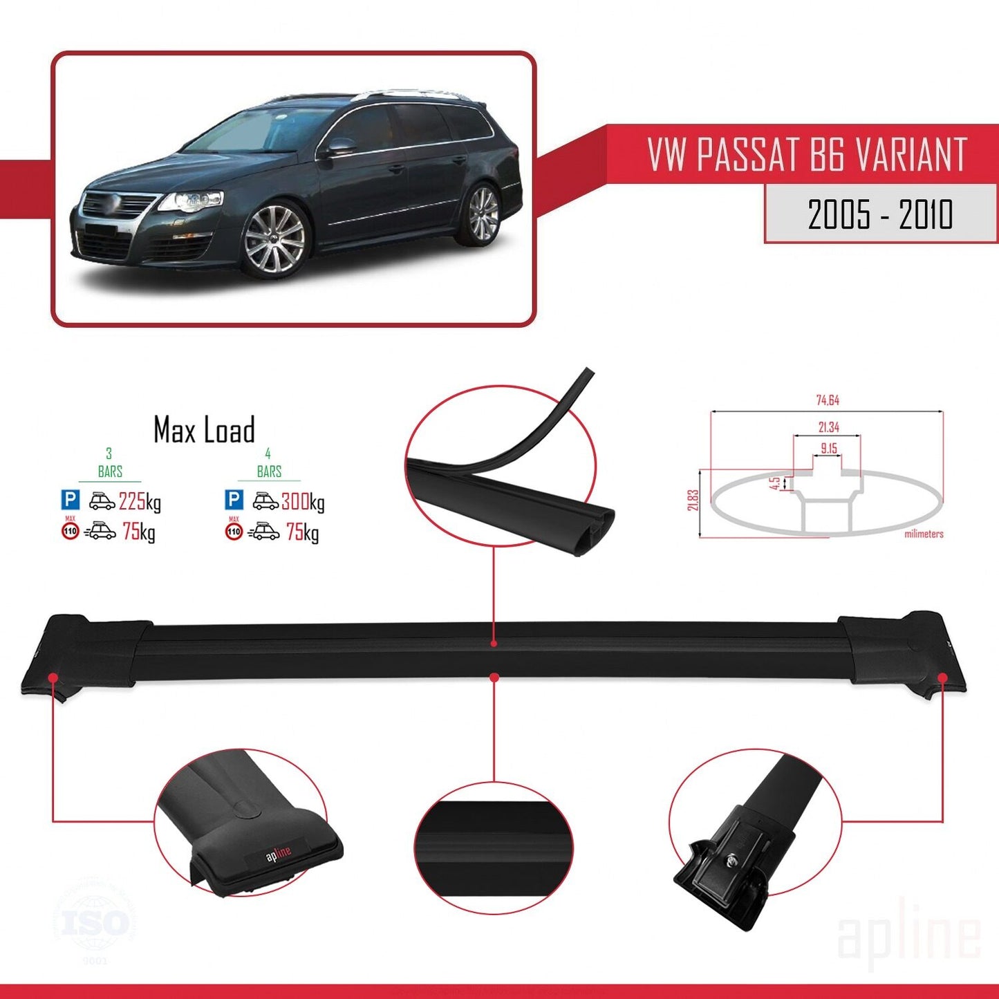 Compatible avec Volkswagen Passat B6 (3C) Variant 2005-2010 FLY Model Barres de Toit Railing Porte-Bagages de Voiture Noir Aluminium 3 Barres