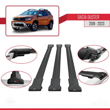Compatible avec Dacia Duster 2 (HM) 2018-2024 FLY Model Barres de Toit Railing Porte-Bagages de Voiture Noir Aluminium 3 Barres
