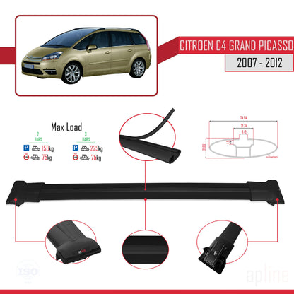 Compatible avec Citroen Grand C4 Picasso 2007-2012 FLY Model Barres de Toit Railing Porte-Bagages de Voiture Noir Aluminium 2 Barres