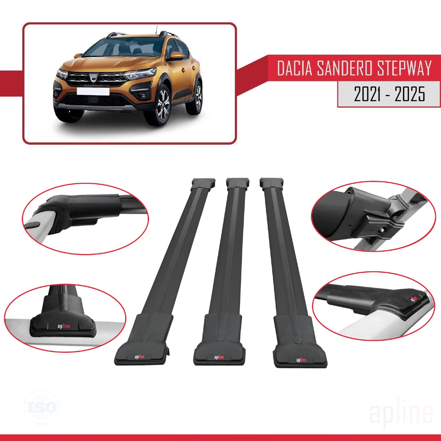 Compatibile con Dacia Sandero Stepway 3 2021-2025 modello FLY Barre portatutto per auto Portapacchi in alluminio nero 3 barre