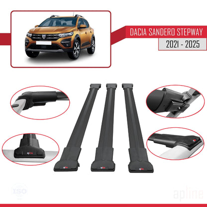 Compatibile con Dacia Sandero Stepway 3 2021-2025 modello FLY Barre portatutto per auto Portapacchi in alluminio nero 3 barre