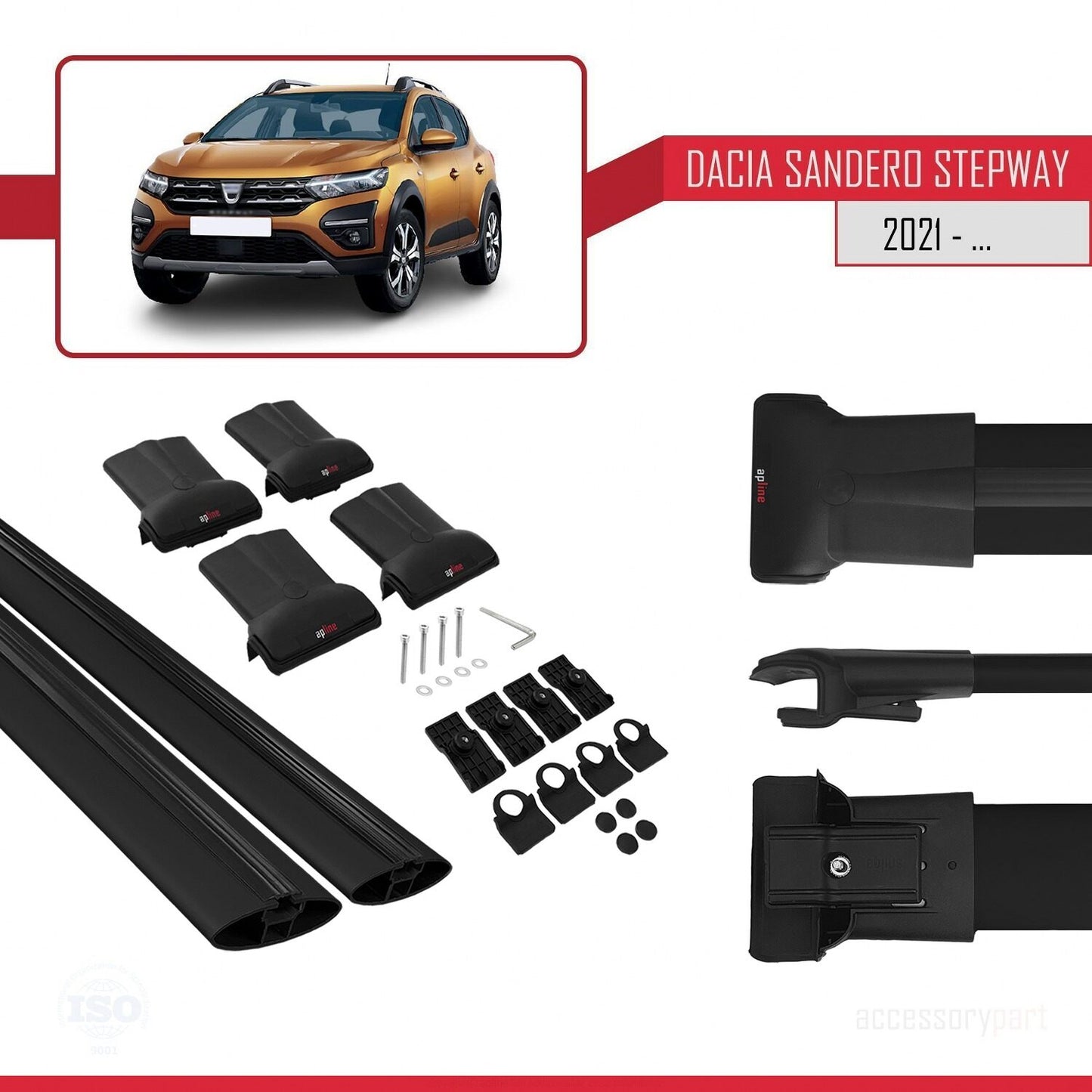 Compatible avec Dacia Sandero Stepway 3 2021-2025 FLY Model Barres de Toit Railing Porte-Bagages de Voiture Noir Aluminium 2 Barres