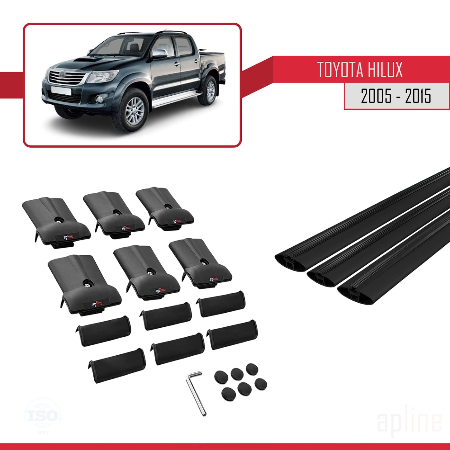 Compatible avec Toyota Hilux 7 (AN30) 2005-2015 FLY Model Barres de Toit Railing Porte-Bagages de Voiture Noir Aluminium 3 Barres