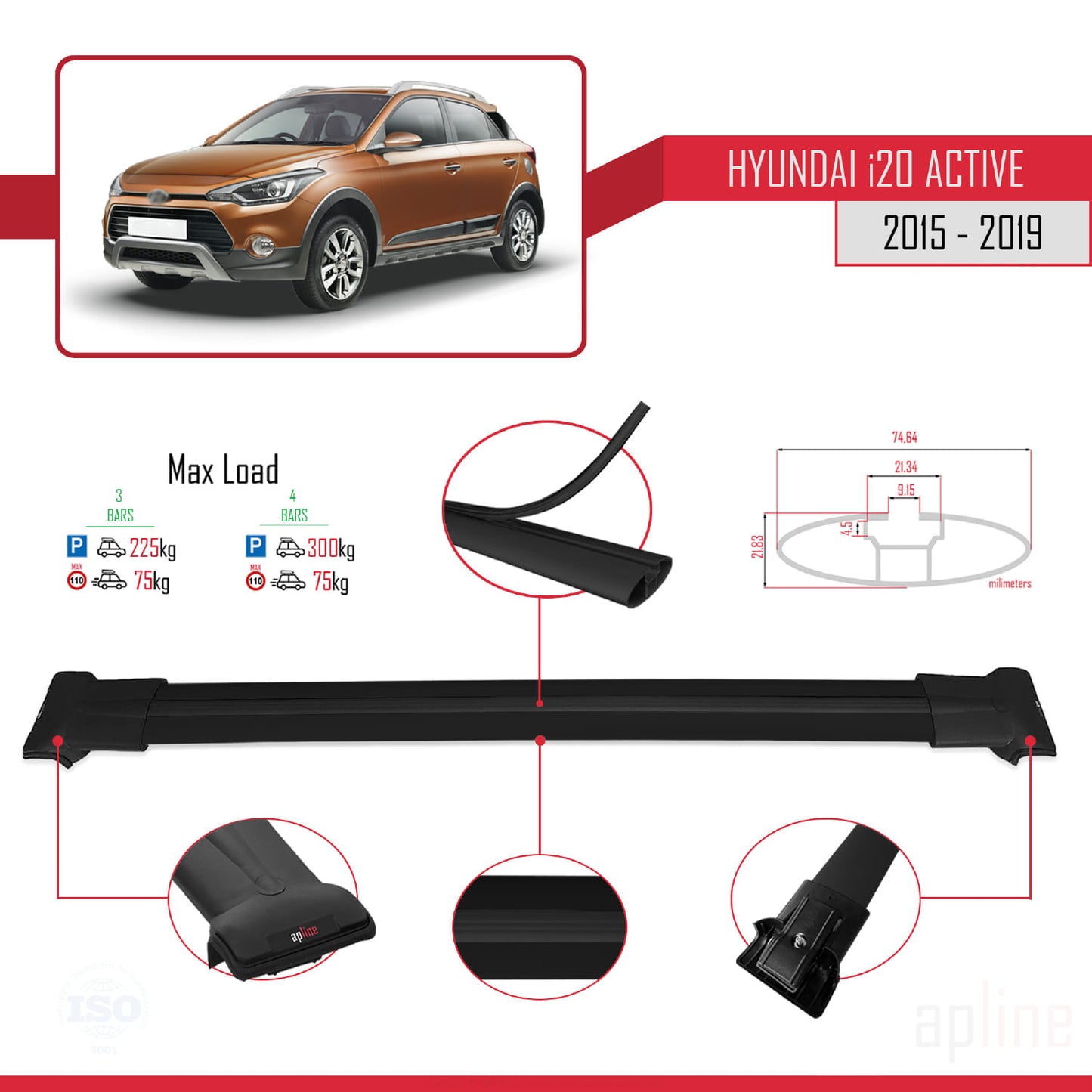 Compatible avec Hyundai i20 II Active 2015-2019 FLY Model Barres de Toit Railing Porte-Bagages de Voiture Noir Aluminium 3 Barres