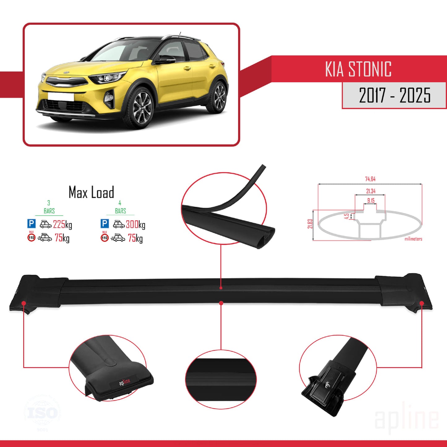 Compatible avec Kia Stonic 2017-2025 FLY Model Barres de Toit Railing Porte-Bagages de Voiture Noir Aluminium 3 Barres