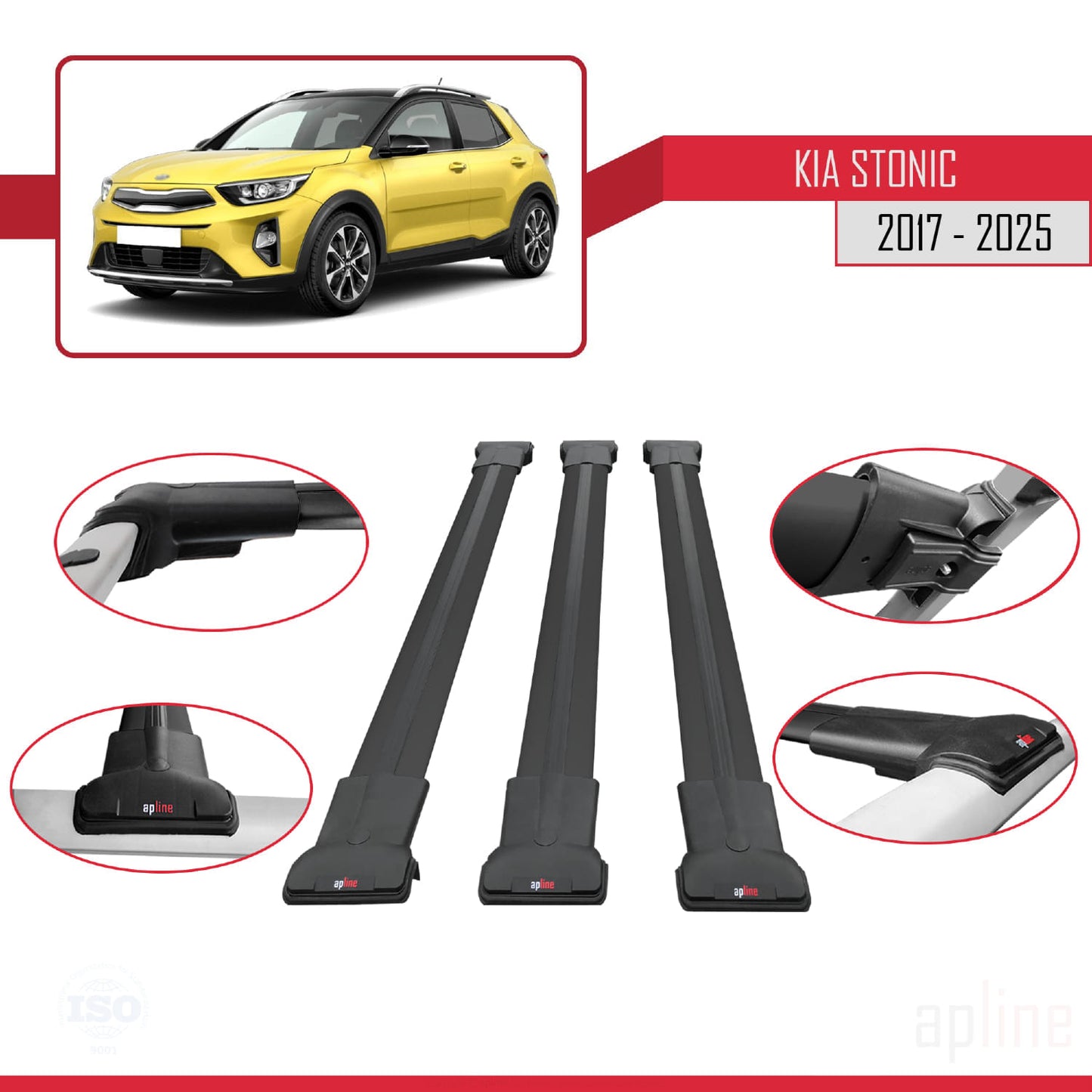 Compatible avec Kia Stonic 2017-2025 FLY Model Barres de Toit Railing Porte-Bagages de Voiture Noir Aluminium 3 Barres