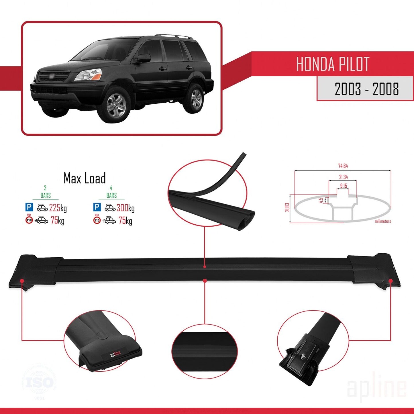 Compatible con Honda Pilot 2003-2008 FLY Model Barras de Techo Auto Portaequipajes Barras Transversales Negro Aluminio 3 Barras