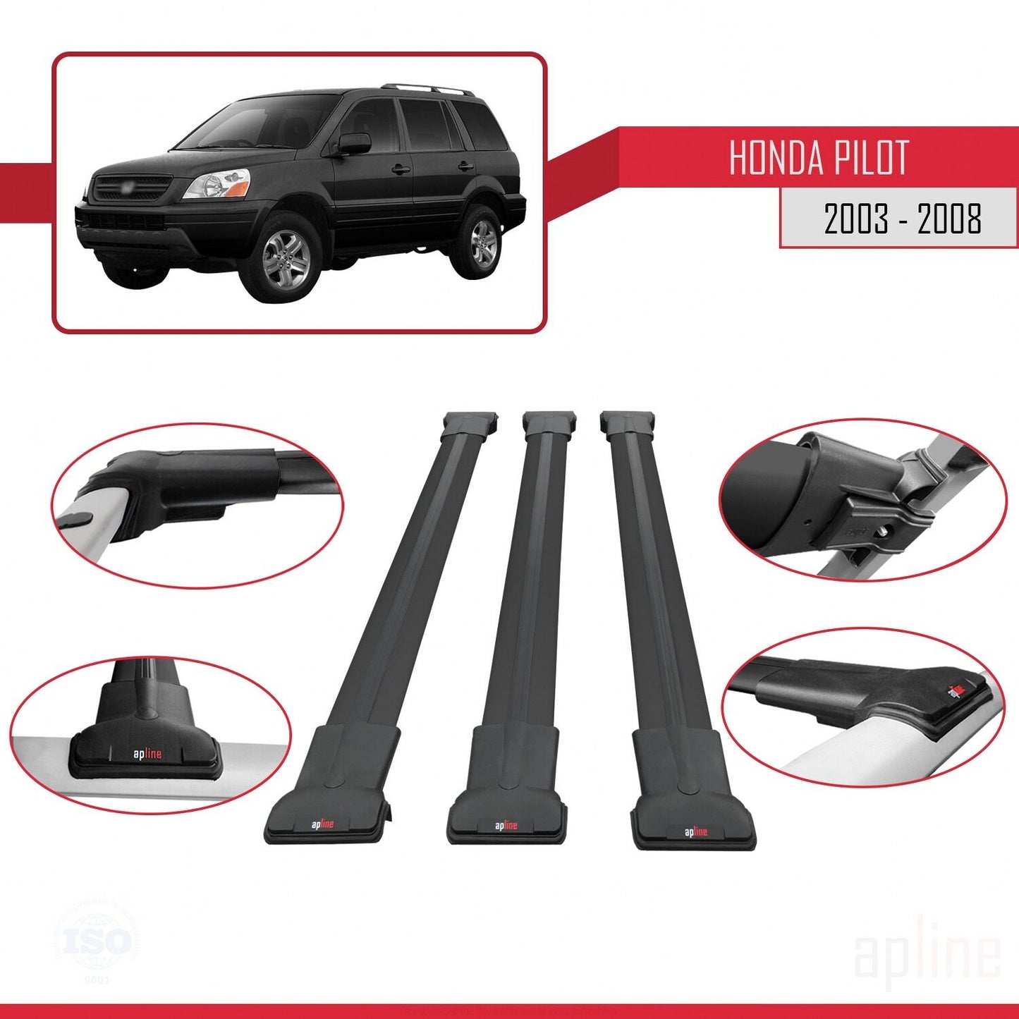 Compatible con Honda Pilot 2003-2008 FLY Model Barras de Techo Auto Portaequipajes Barras Transversales Negro Aluminio 3 Barras
