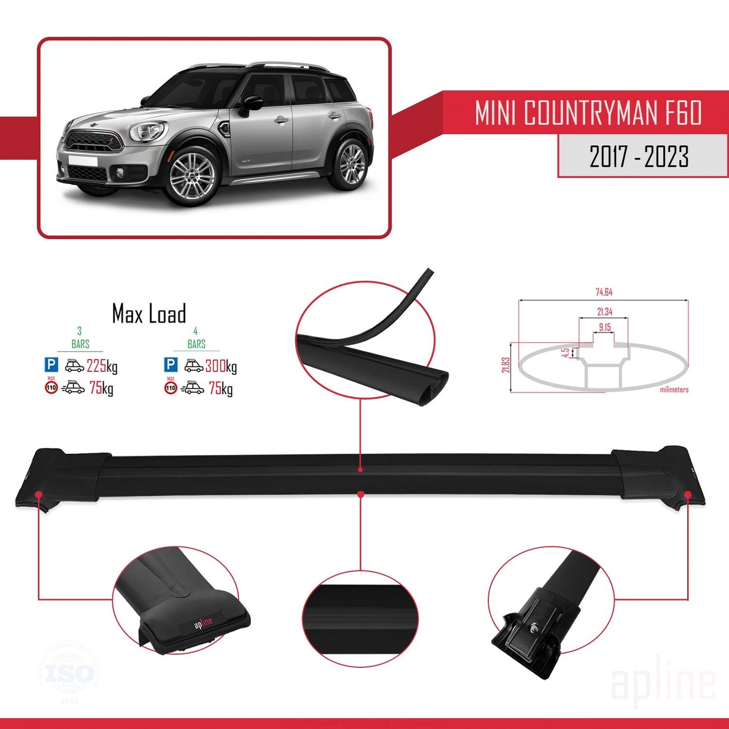 Compatible con Mini Countryman 2 (F60) 2017-2023 FLY Model Barras de Techo Auto Portaequipajes Barras Transversales Negro Aluminio 3 Barras