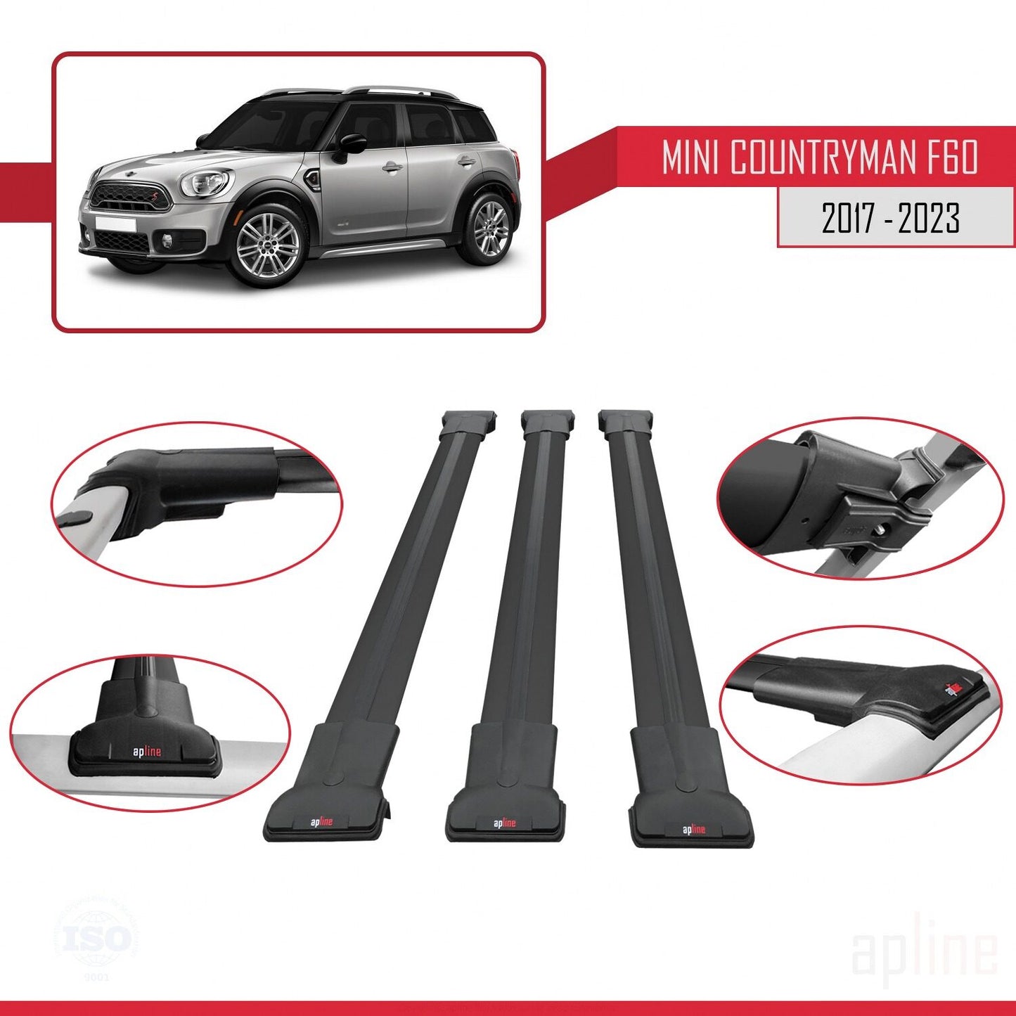 Compatible con Mini Countryman 2 (F60) 2017-2023 FLY Model Barras de Techo Auto Portaequipajes Barras Transversales Negro Aluminio 3 Barras
