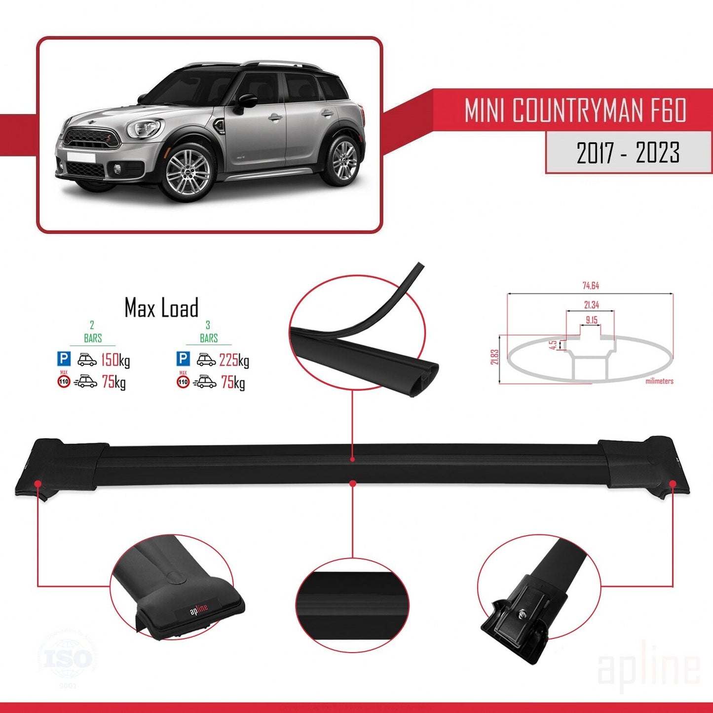 Compatible con Mini Countryman 2 (F60) 2017-2023 FLY Model Barras de Techo Auto Portaequipajes Barras Transversales Negro Aluminio 2 Barras