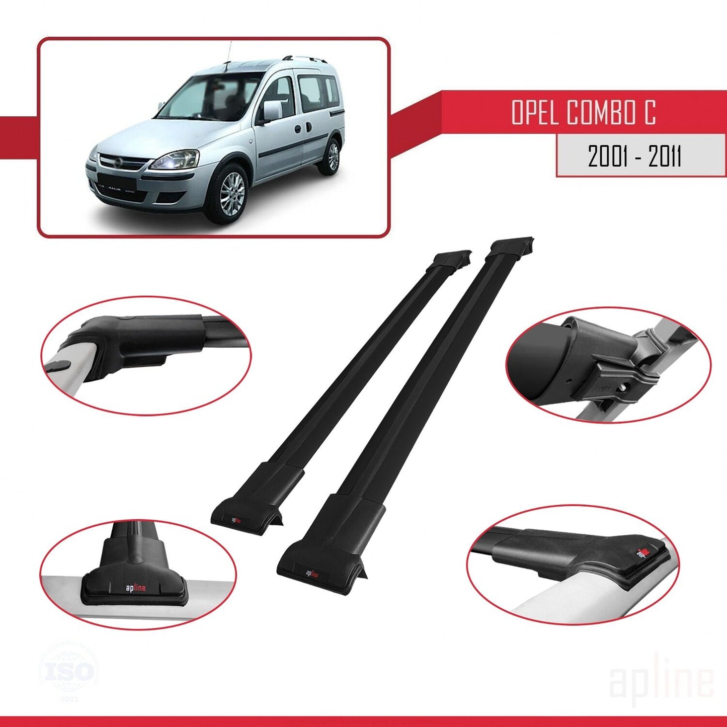 Compatible avec Opel Combo C 2001-2011 FLY Model Barres de Toit Railing Porte-Bagages de Voiture Noir Aluminium 2 Barres
