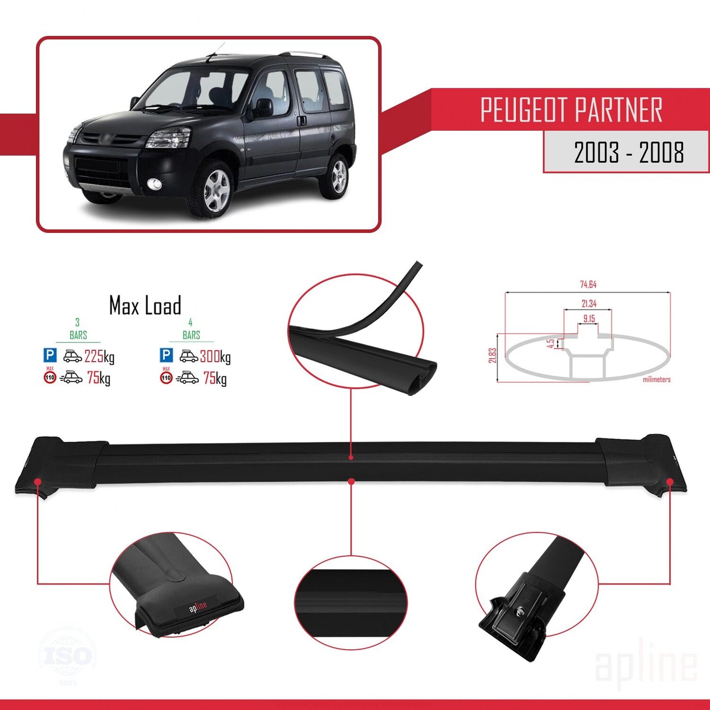 Compatible avec Peugeot Partner Post-Facelift 2003-2008 FLY Model Barres de Toit Railing Porte-Bagages de Voiture Noir Aluminium 3 Barres
