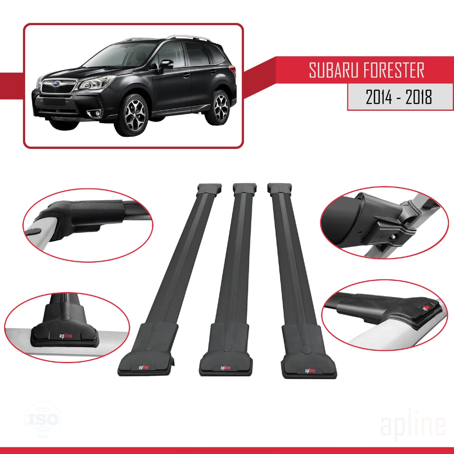 Compatible avec Subaru Forester 4 (SJ) 2014-2018 FLY Model Barres de Toit Railing Porte-Bagages de Voiture Noir Aluminium 3 Barres