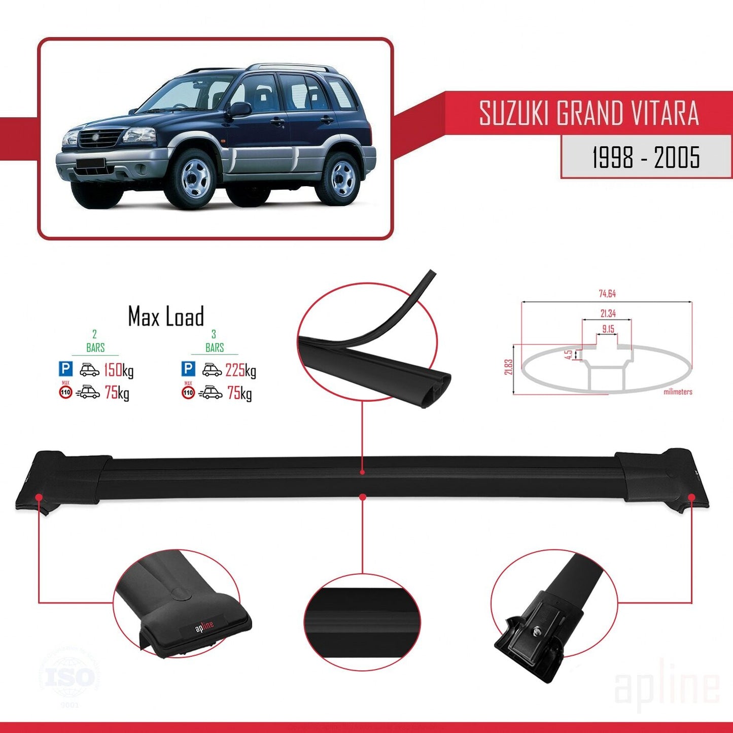 Compatible avec Suzuki Grand Vitara (FT) 1998-2005 FLY Model Barres de Toit Railing Porte-Bagages de Voiture Noir Aluminium 2 Barres