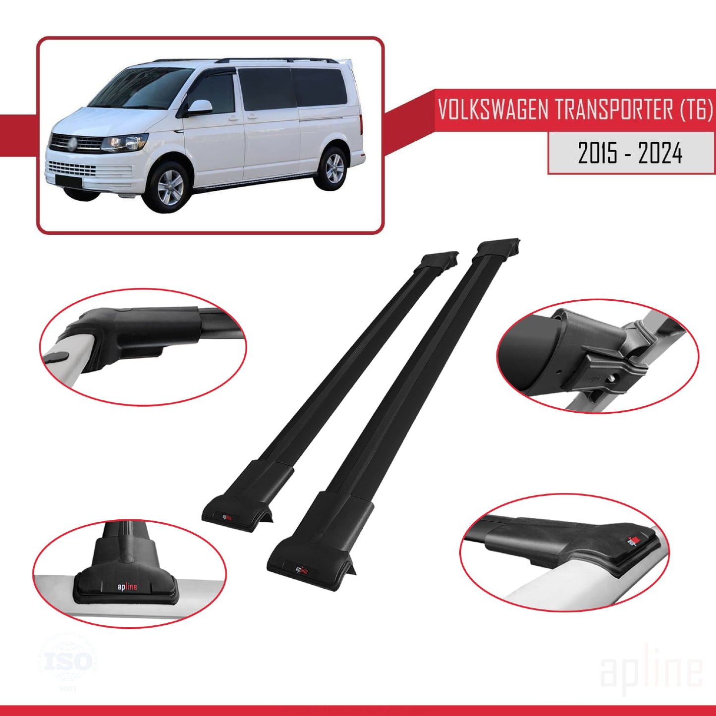 Compatible avec Volkswagen T6 Transporter 2015-2024 FLY Model Barres de Toit Railing Porte-Bagages de Voiture Noir Aluminium 2 Barres