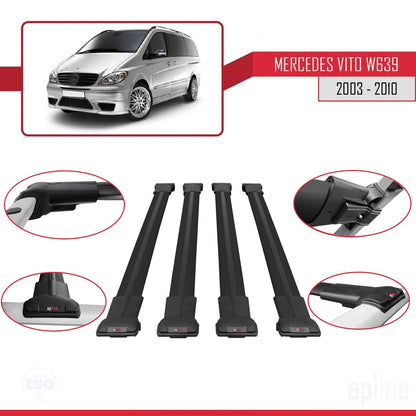 Compatible avec Mercedes Vito 2 (W639) Pre-Facelift 2003-2010 FLY Model Barres de Toit Railing Porte-Bagages de Voiture Noir Aluminium 4 Barres