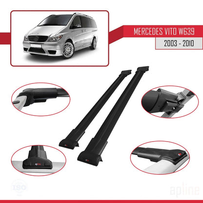 Compatible avec Mercedes Vito 2 (W639) Pre-Facelift 2003-2010 FLY Model Barres de Toit Railing Porte-Bagages de Voiture Noir Aluminium 2 Barres