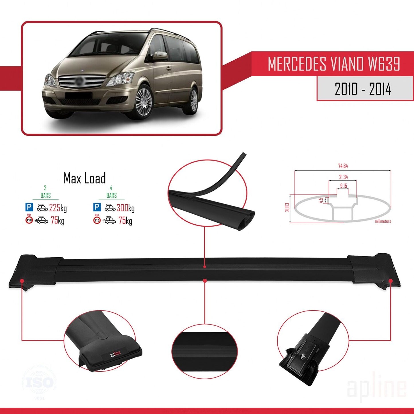 Compatible con Mercedes Viano 2 (W639) Post-Facelift 2010-2014 FLY Model Barras de Techo Auto Portaequipajes Barras Transversales Negro Aluminio 3 Barras