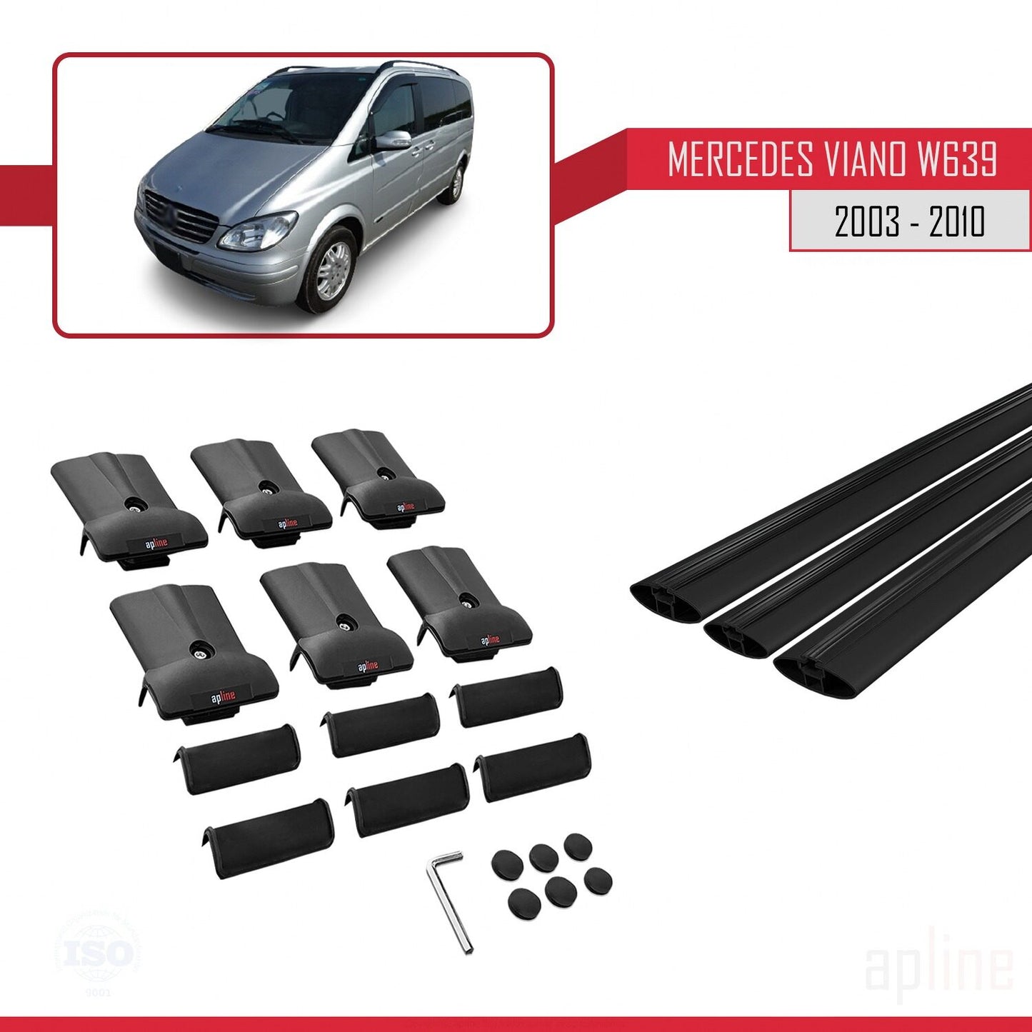 Compatible with Mercedes Viano 2 (W639) Pre-Facelift 2003-2010 FLY Model Car Roof Rack Cross Bar Black Aluminium 3 Bars