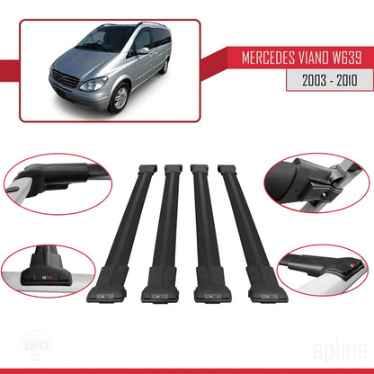 Compatible with Mercedes Viano 2 (W639) Pre-Facelift 2003-2010 FLY Model Car Roof Rack Cross Bar Black Aluminium 4 Bars