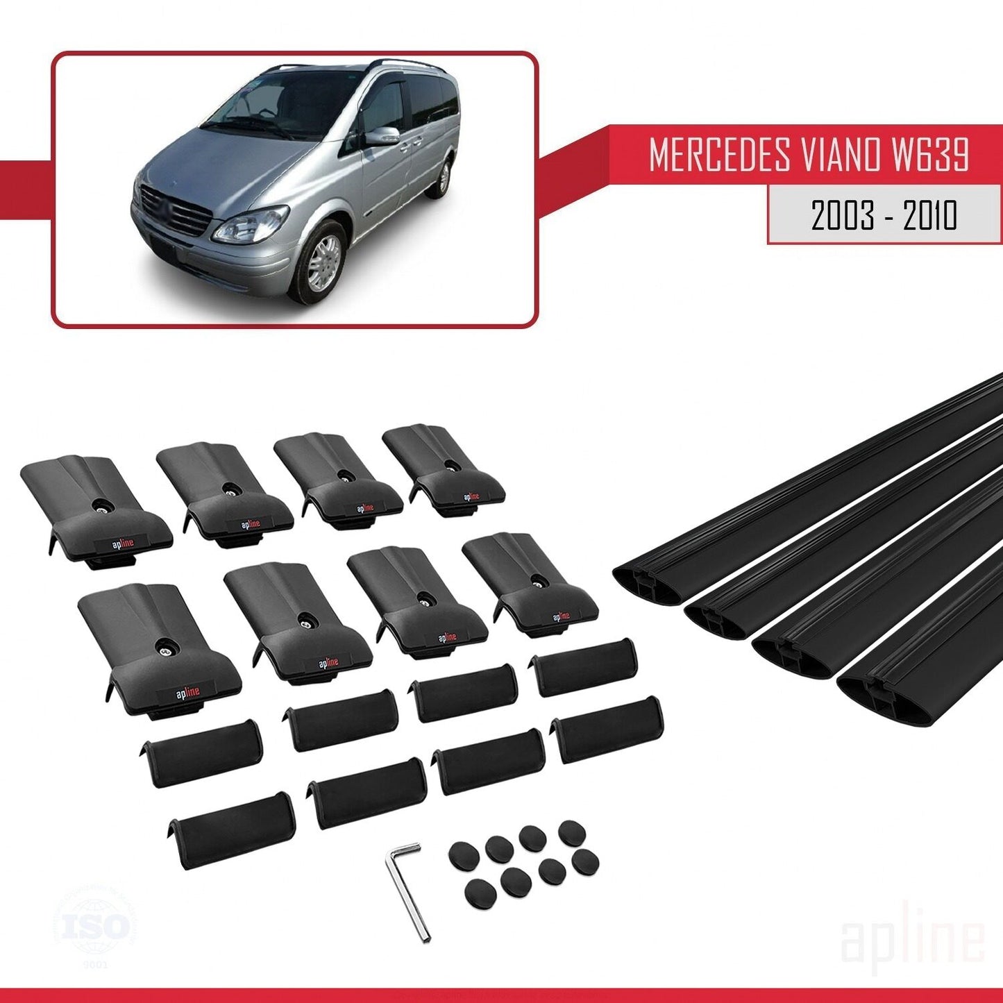Compatible with Mercedes Viano 2 (W639) Pre-Facelift 2003-2010 FLY Model Car Roof Rack Cross Bar Black Aluminium 4 Bars