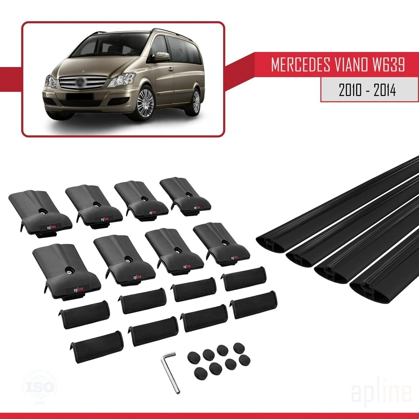 Compatible with Mercedes Viano 2 (W639) Post-Facelift 2010-2014 FLY Model Car Roof Rack Cross Bar Black Aluminium 4 Bars