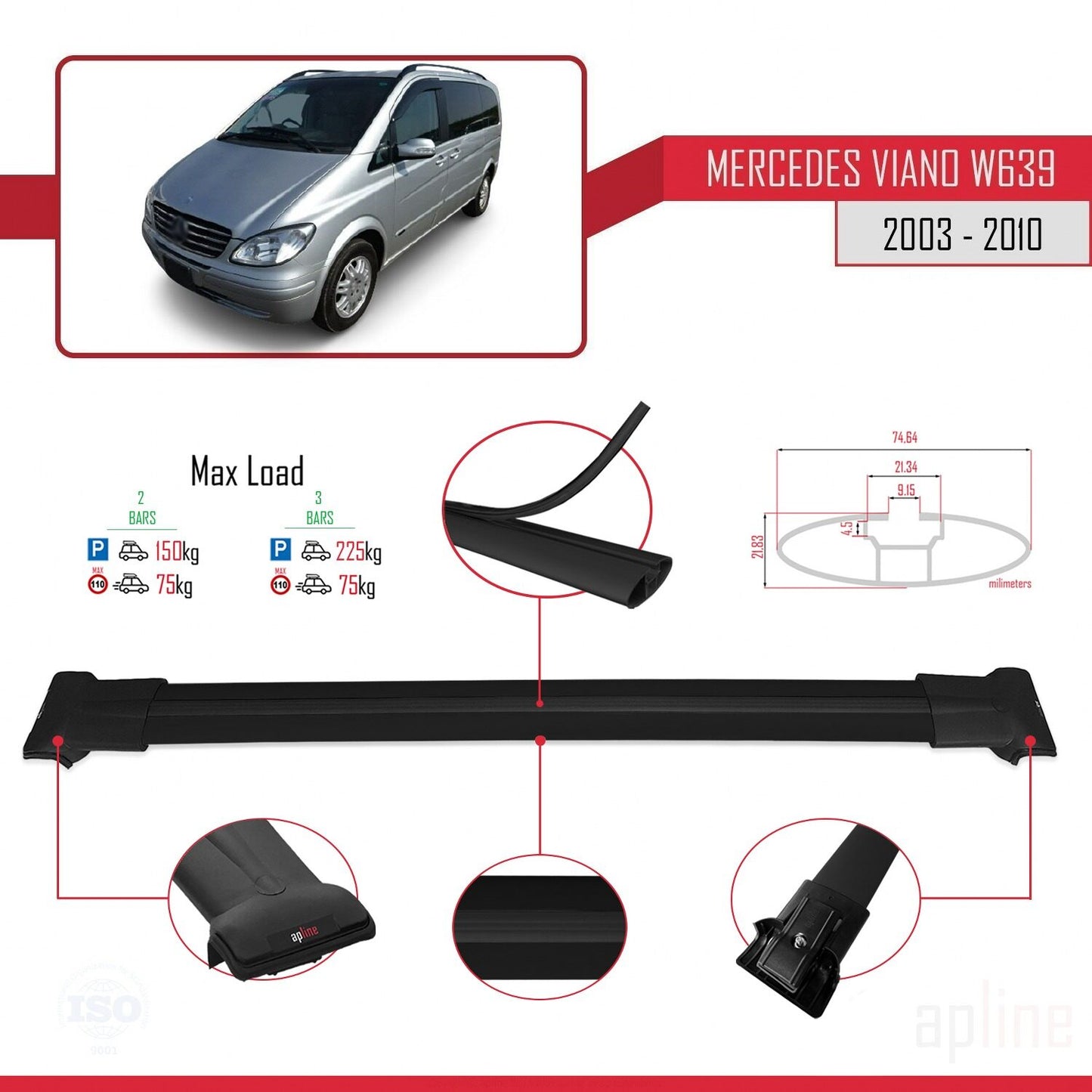 Compatible with Mercedes Viano 2 (W639) Pre-Facelift 2003-2010 FLY Model Car Roof Rack Cross Bar Black Aluminium 2 Bars
