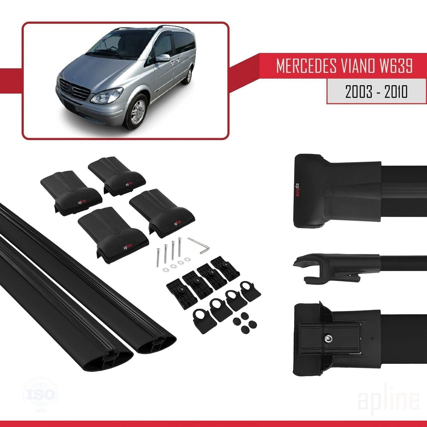 Compatible with Mercedes Viano 2 (W639) Pre-Facelift 2003-2010 FLY Model Car Roof Rack Cross Bar Black Aluminium 2 Bars