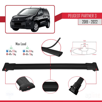 Compatible avec Peugeot Partner 3 2019-2022 FLY Model Barres de Toit Railing Porte-Bagages de Voiture Noir Aluminium 3 Barres