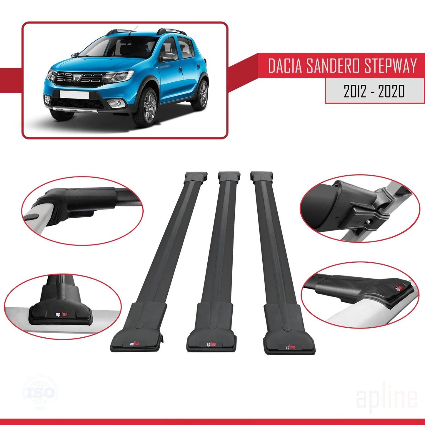 Kompatibel mit Dacia Sandero Stepway 2 2012-2020 FLY Modell Dachgepäckträger, schwarzes Aluminium, 3-Stangen