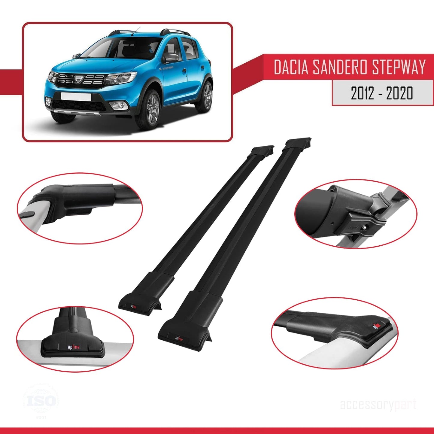Kompatibel mit Dacia Sandero Stepway 2 2012-2020 FLY Modell Dachgepäckträger, schwarzes Aluminium, 2 Stangen