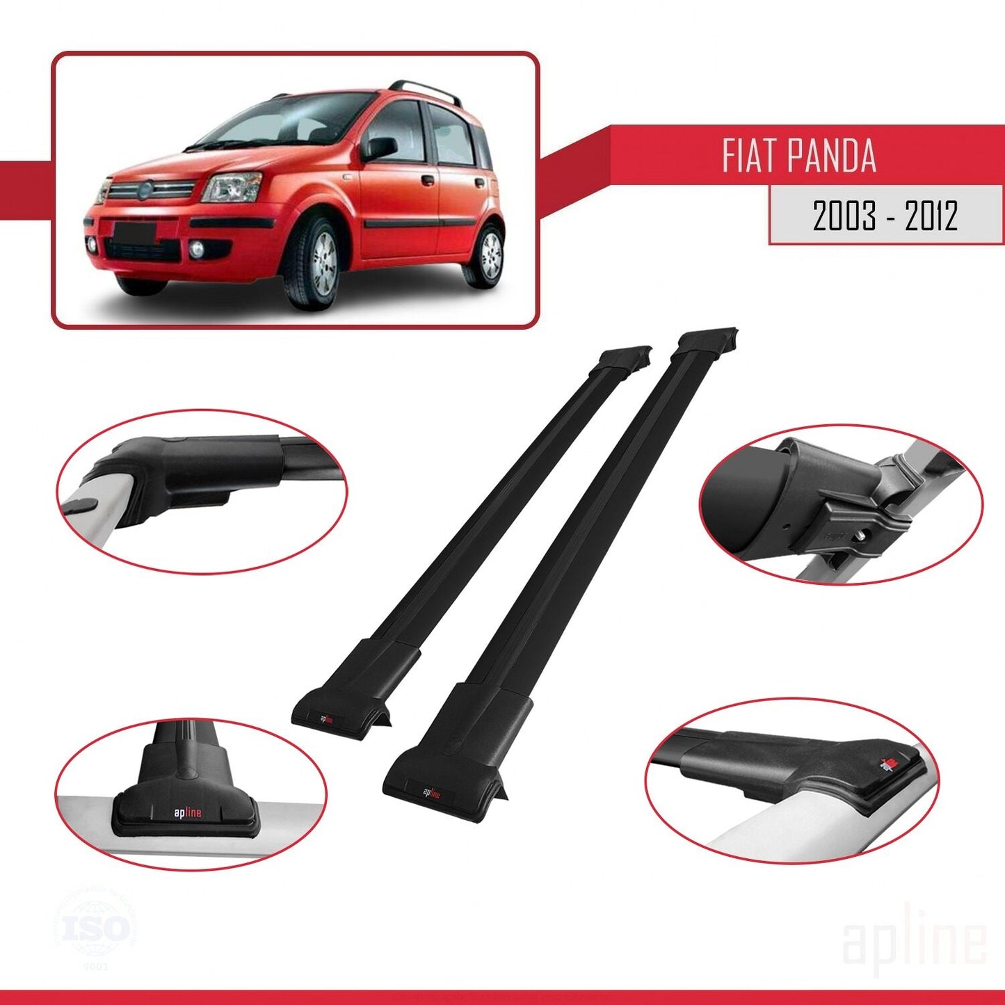 Compatibile con Fiat Panda 2 (169) 2003-2012 Modello FLY Barre Portatutto Railing Portapacchi Auto Alluminio Nero 2 Barre