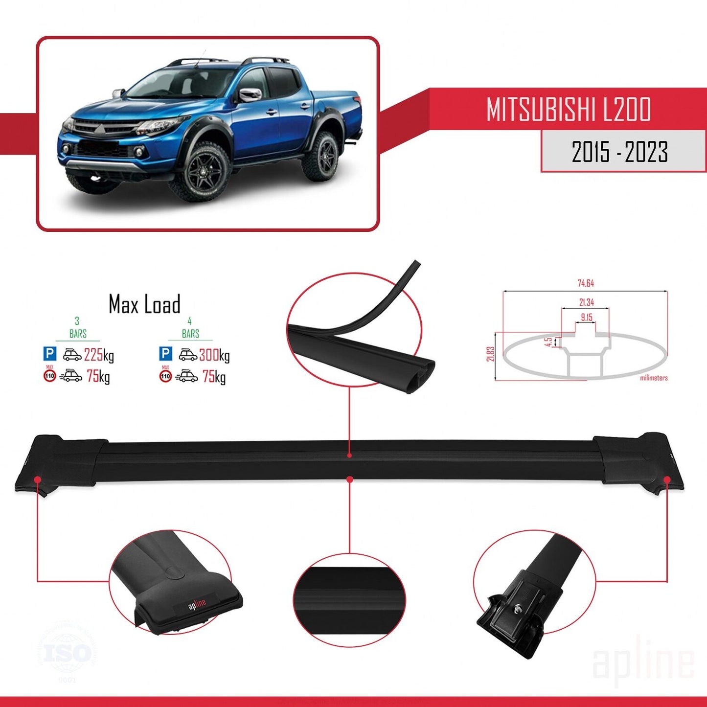 Compatible con Mitsubishi L200 V 2015-2023 FLY Model Barras de Techo Auto Portaequipajes Barras Transversales Negro Aluminio 3 Barras