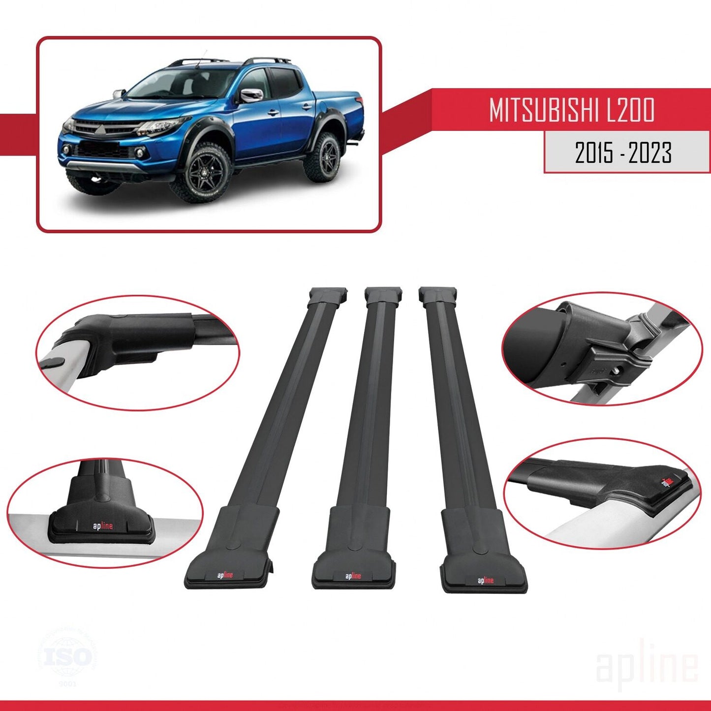 Compatible con Mitsubishi L200 V 2015-2023 FLY Model Barras de Techo Auto Portaequipajes Barras Transversales Negro Aluminio 3 Barras