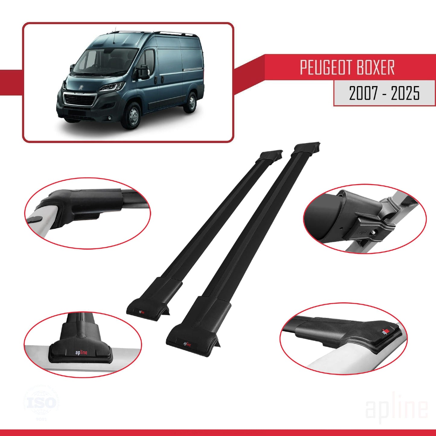 Compatible con Peugeot Boxer 2 2007-2025 FLY Model Barras de Techo Auto Portaequipajes Barras Transversales Negro Aluminio 2 Barras